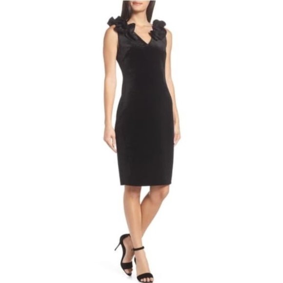 CHELSEA28 Ruffle Velvet Sheath Black Dress New Size 16 Women